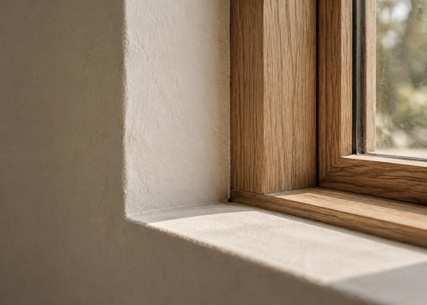 Strakke aansluiting van een gestuukte wand op een eiken raamkozijn