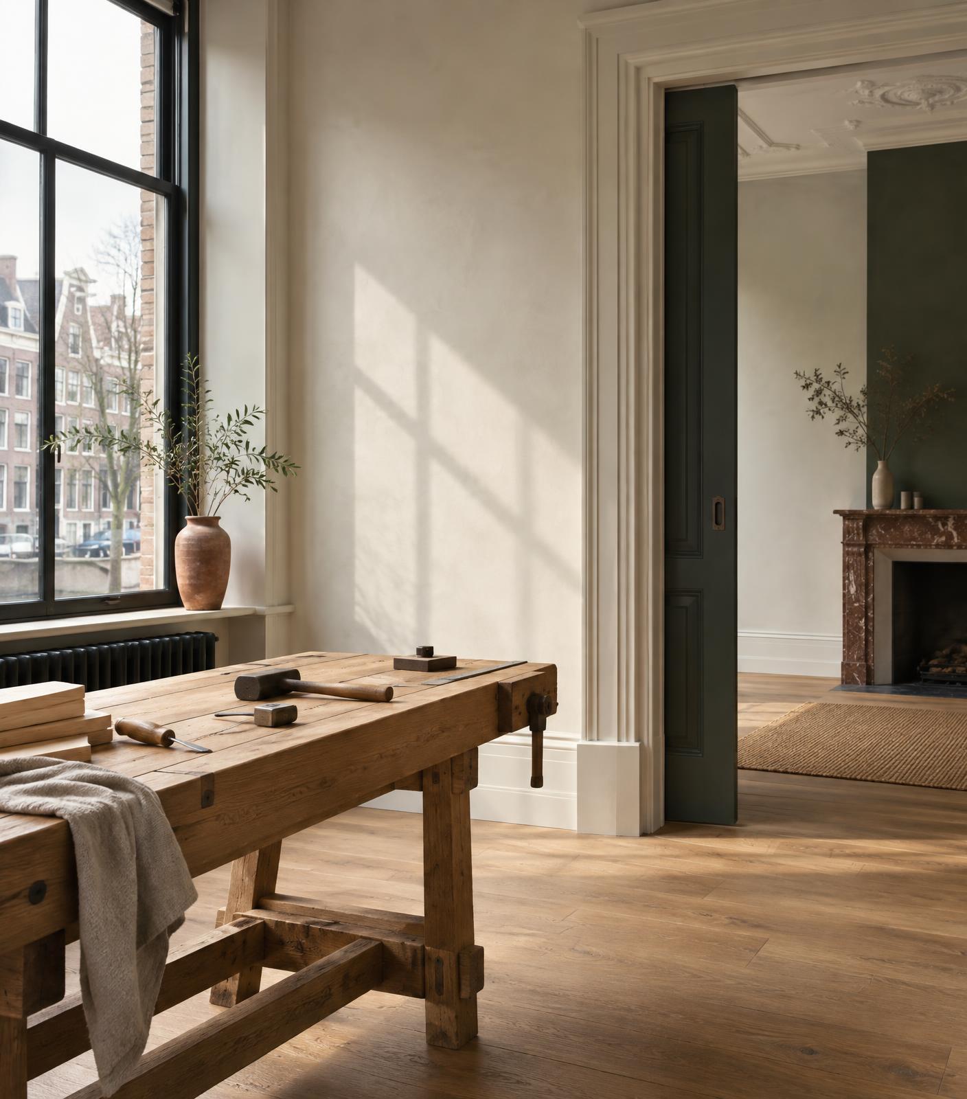 Rustige woonkamer in renovatie met een houten werkbank bij het raam