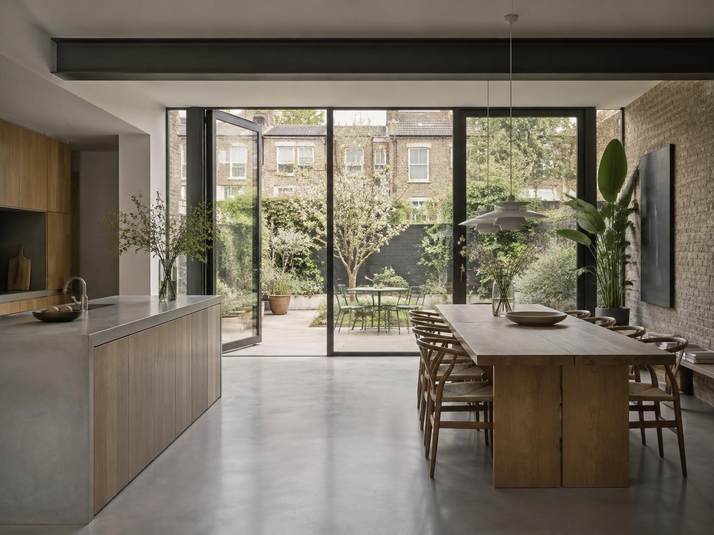 Moderne aanbouw met stalen pui en zicht op de tuin