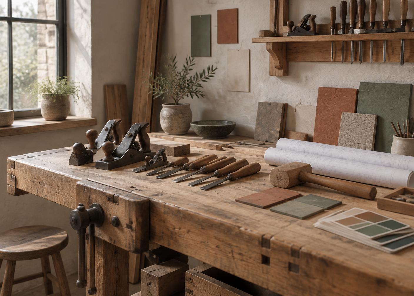 Werkbank met handgereedschap, tekeningen en materiaalstalen
